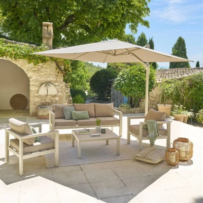 Parasol déporté carré inclinable MELHIA Lin / Argile 3 x 3 m - Aluminium traité époxy, Acier, Oléfine - Prix Destockage