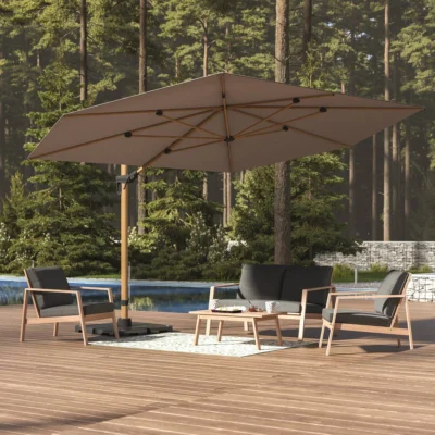 Parasol déporté hexagonal TIKEO Platine & Honey 4,2 x 3 m - Aluminium traité époxy, Acier - Prix Destockage
