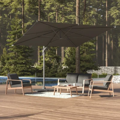 Parasol déporté rectangulaire MELHIA Anthracite + 4 dalles de parasol STACIO 3 x 3 m - Aluminium traité époxy, Acier, Oléfine - Prix Destockage