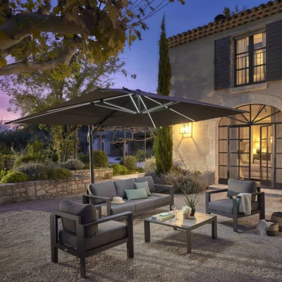 Parasol déporté rectangulaire MELHIA Anthracite avec LED 4 x 3 m - Aluminium traité époxy, Acier, Oléfine - Prix Destockage