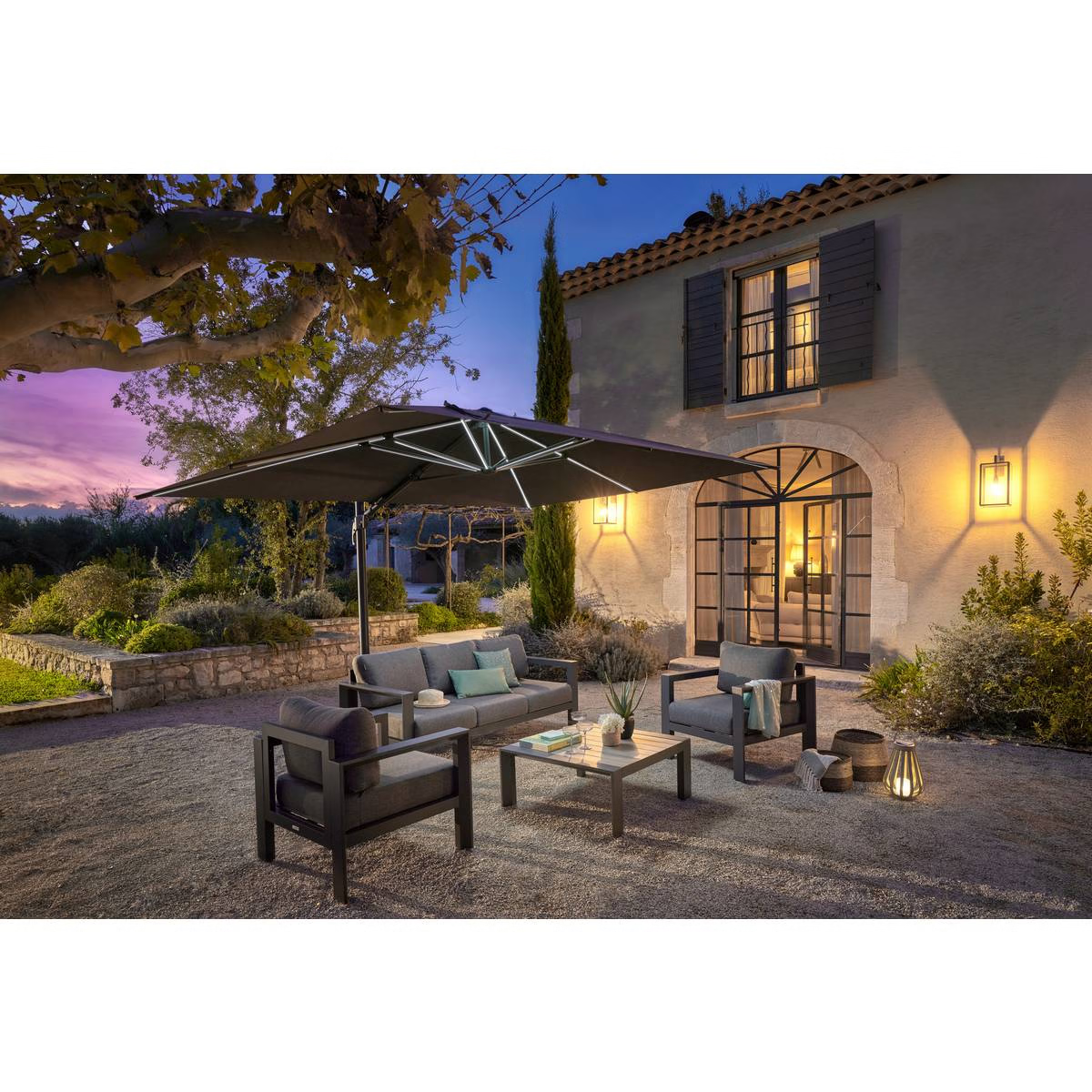 Parasol déporté rectangulaire MELHIA Anthracite avec LED 4 x 3 m - Aluminium traité époxy, Acier, Oléfine - Prix Destockage – Image 14