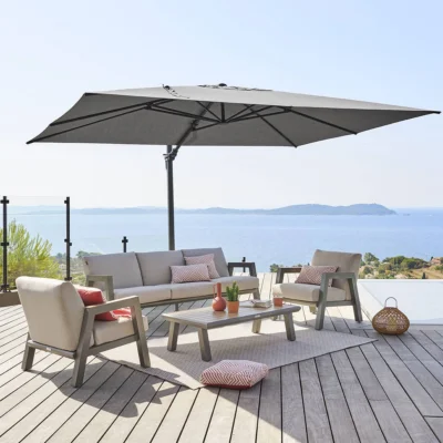Parasol déporté rectangulaire SUENYO Sunbrella® Anthracite 4 x 3 m - Aluminium traité époxy, Acier, Acrylique - Prix Destockage