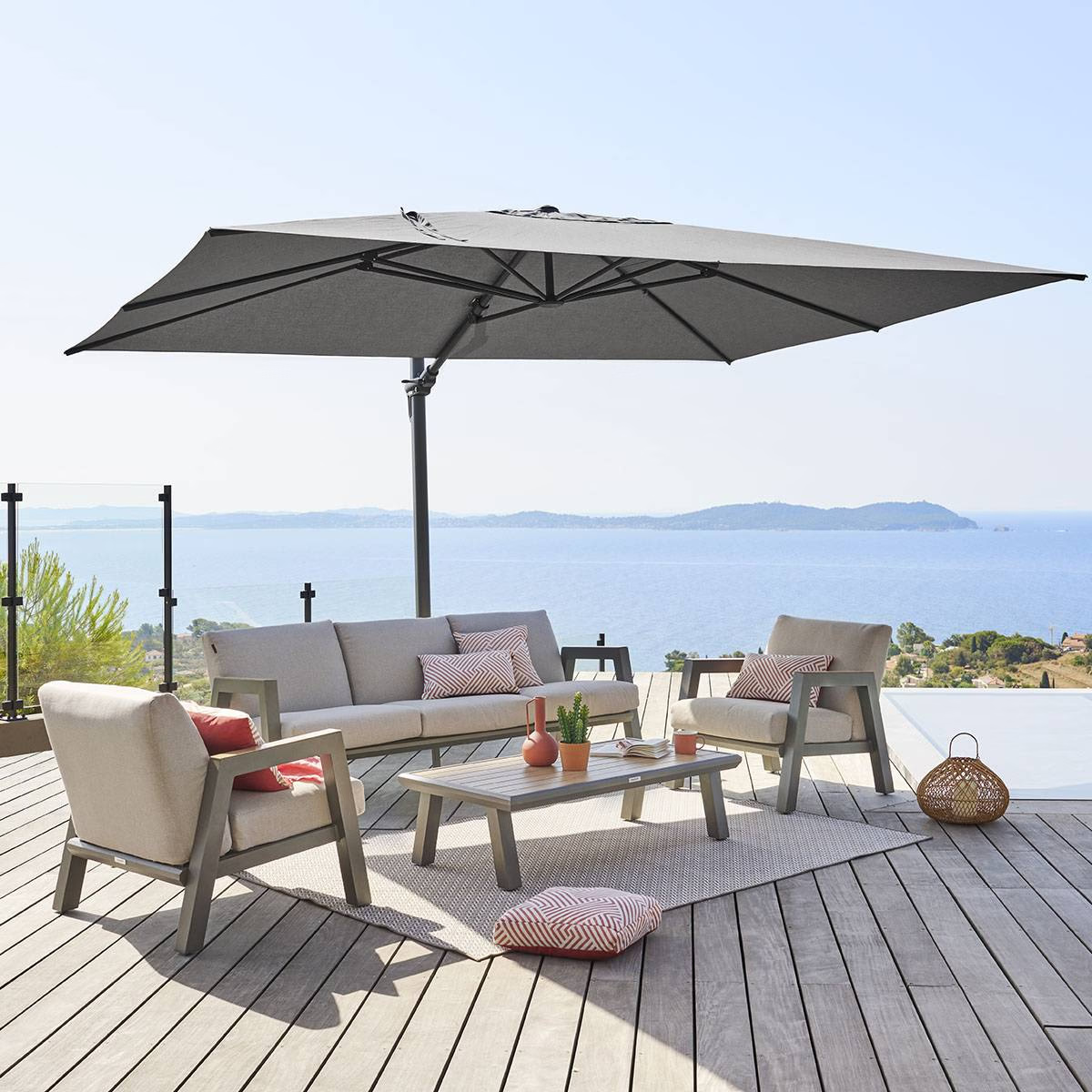 Parasol déporté rectangulaire SUENYO Sunbrella® Anthracite 4 x 3 m - Aluminium traité époxy, Acier, Acrylique - Prix Destockage