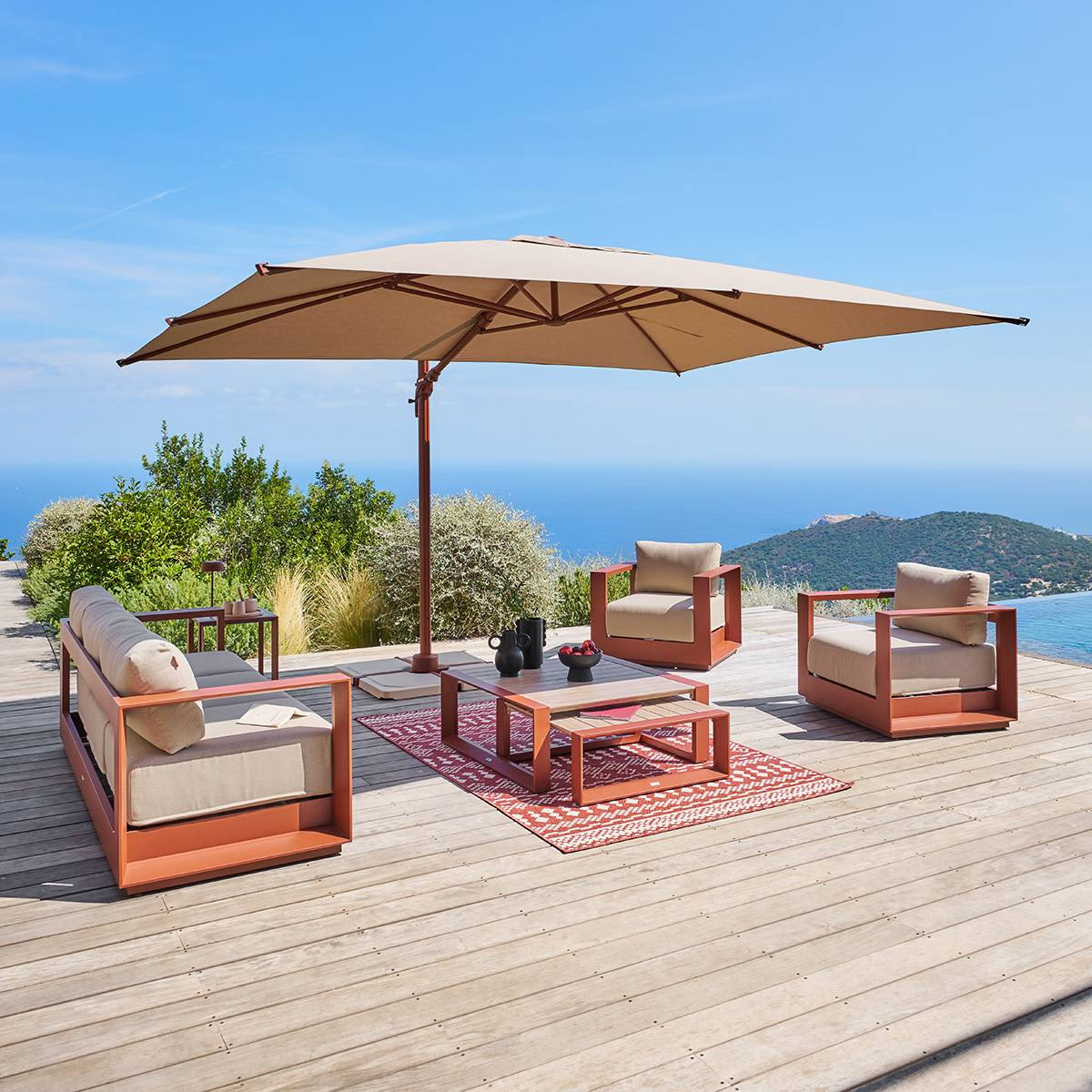 Parasol déporté rectangulaire inclinable MELHIA Lin / Acajou 4 x 3 m - Acier, Aluminium, Oléfine - Prix Destockage