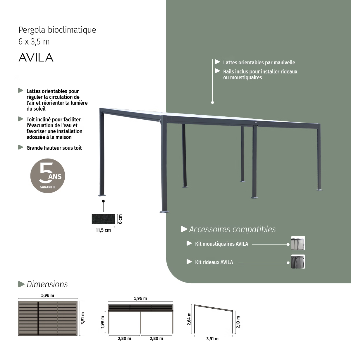 Pergola bioclimatique AVILA Graphite 6 x 3,5 m - Structure et lames simples en aluminium – Image 3