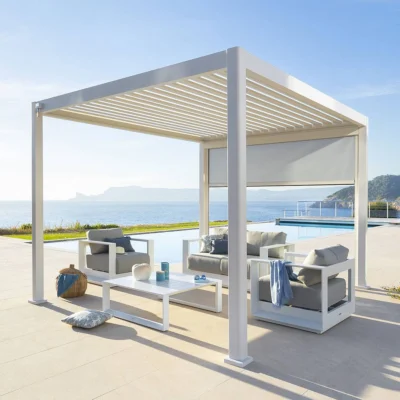 Pergola bioclimatique EVORA Blanc 3,6 x 3,6 m - Structure et lames doubles en aluminium