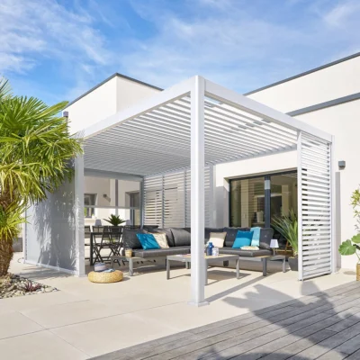 Pergola bioclimatique électrique EVORA Blanc 6 x 3,6 m - Structure et lames doubles en aluminium