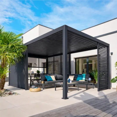 Pergola bioclimatique électrique EVORA Graphite 6 x 3 m - Structure et lames doubles en aluminium