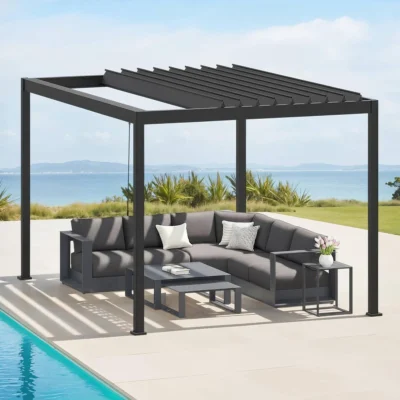 Pergola bioclimatique rétractable EVORA Gris 4 x 3 m - Structure et lames doubles en aluminium