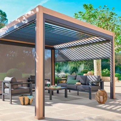 Pergola électrique bioclimatique EVORA Effet bois Honey 4 x 3 m - Structure et lames doubles en aluminium