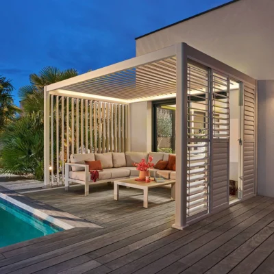 Pergola électrique bioclimatique autoportante EVORA Argile 4 x 3 m - Structure et lames doubles en aluminium