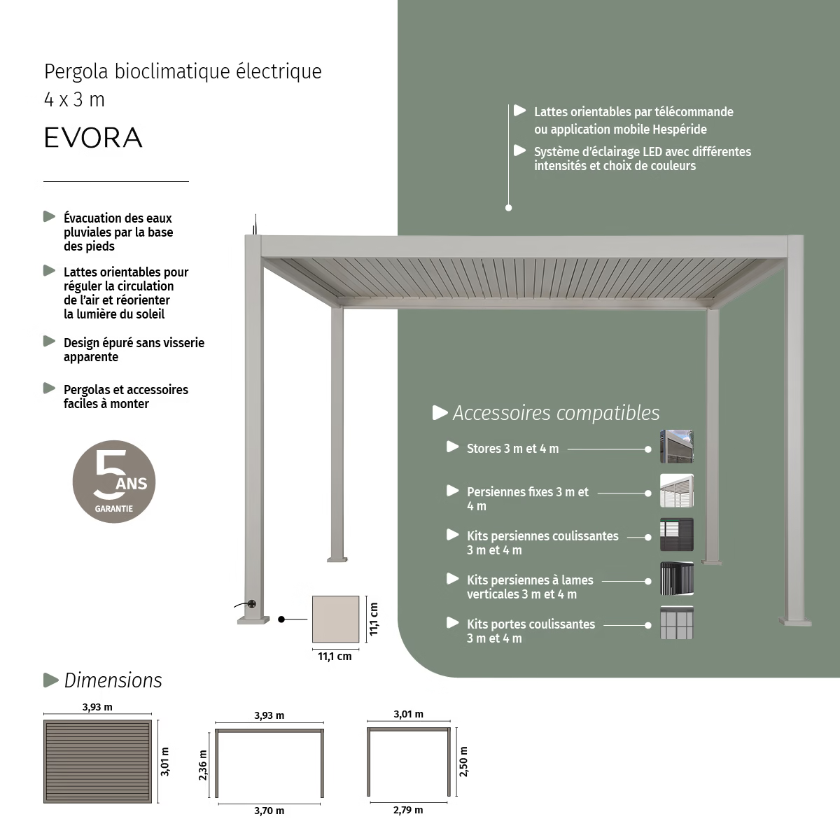 Pergola électrique bioclimatique autoportante EVORA Argile 4 x 3 m - Structure et lames doubles en aluminium – Image 3