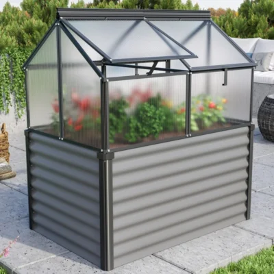 Mini-serre Gaia Jumbo en alu noir/granite et PC 4mm – avec potager élevé – Vitavia - Prix Destockage