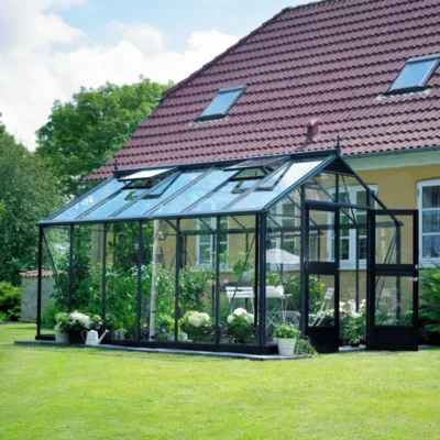 Serre de jardin 10,9m² anthracite et verre trempé Premium - Juliana - Prix Destockage