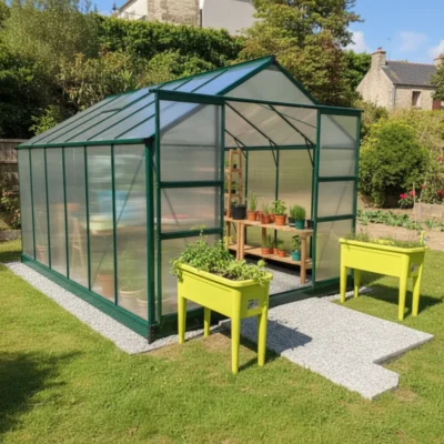 Serre de jardin 9,13m² verte en polycarbonate 4mm + embase Green Protect - Prix Destockage