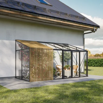 Serre de jardin adossée 6,04m² - H248cm - en aluminium, bois et panneaux en verre trempé - BloomCabin - Prix Destockage