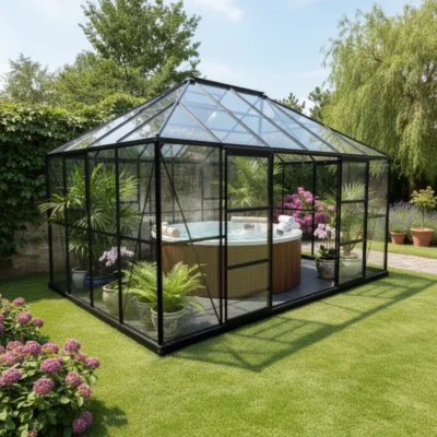 Serre de jardin Duchesse 12m² en aluminium laqué noir et verre trempé 4mm - Green Protect - Prix Destockage